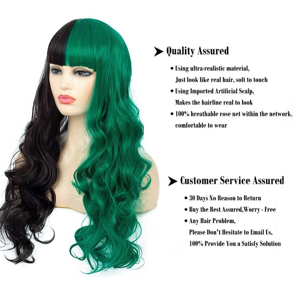Baruisi Baruisi Half Black Half Green Wig Long Curly Wavy Black Green Synthetic Heat Resistant Costume Cosplay Bangs Wig for Women