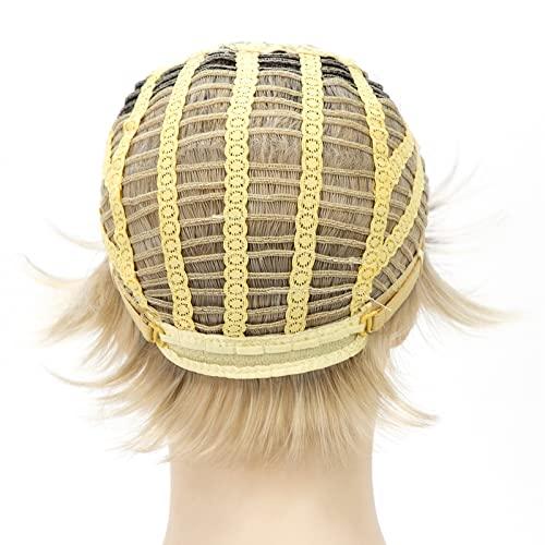 Happy Cherry Happy Cherry Human Hair Wigs with Bangs Blonde Short Wigs for White Women Layered Shaggy Synthetic Wig Mom Wigs Ombre Hair Wigs with Cap Comb