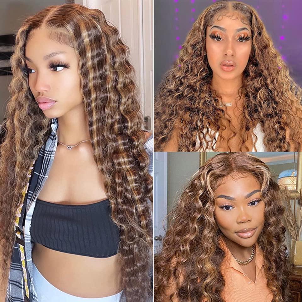 Freiuoke 26 28 30 Inch P4/27 Human Hair Bundles Blonde Deep Wave Human Hair Bundles Brazilian Unprocessed Virgin Hair 3 Bundles Two Tone Brown Mixed With Honey Blonde Bundles Hair Weave for Women