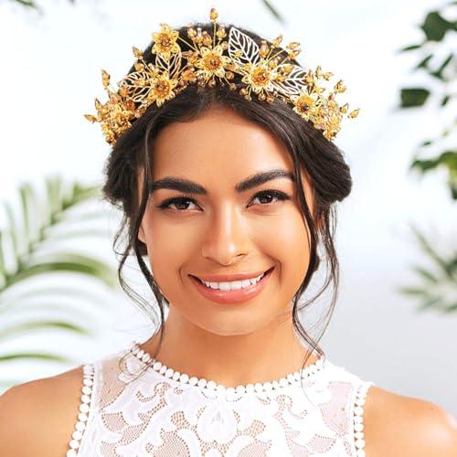 Woeoe Woeoe Crystal Queen Headband Gold Bridal Headpiece Women Headwear with Combs for Bride Wedding Birthday Party