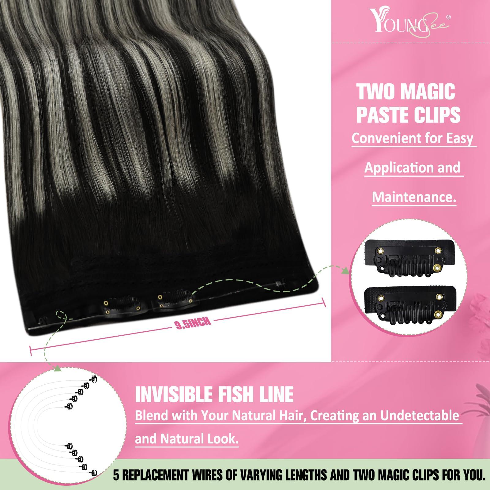 YoungSee YoungSee Wire Human Hair Extensions Ombre Black Wire Real Hair Extensions Black Ombre Silver Balayage Wire Couture Hair Extensions Black Hair Wire Extensions No Damage to Natural Hair 18Inch 80G