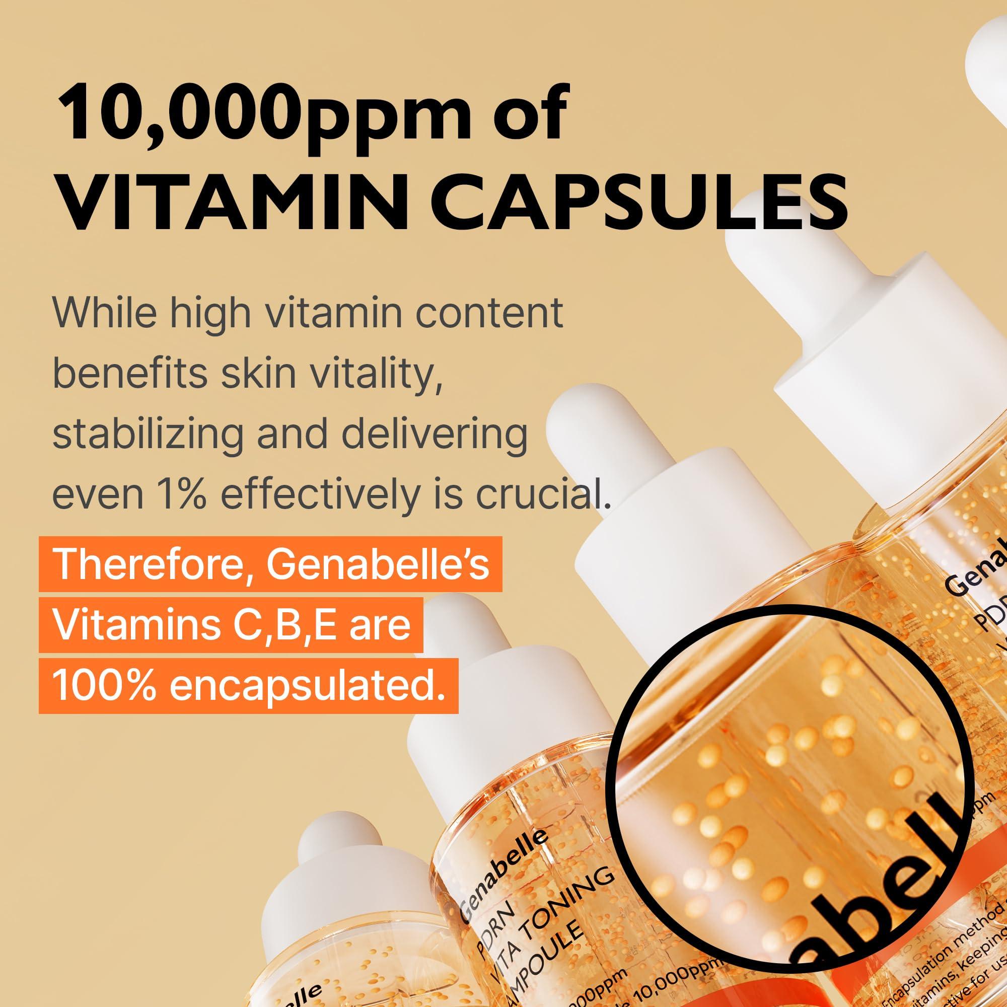 Genabelle PDRN Vita Toning Ampoule - Lightweight Glass Skin & Toning Ampoule with Vitamin B, C, E, PDRN, Serum for Blemishes, Fine Lines and Rough Skin Texture, 1.01 fl oz