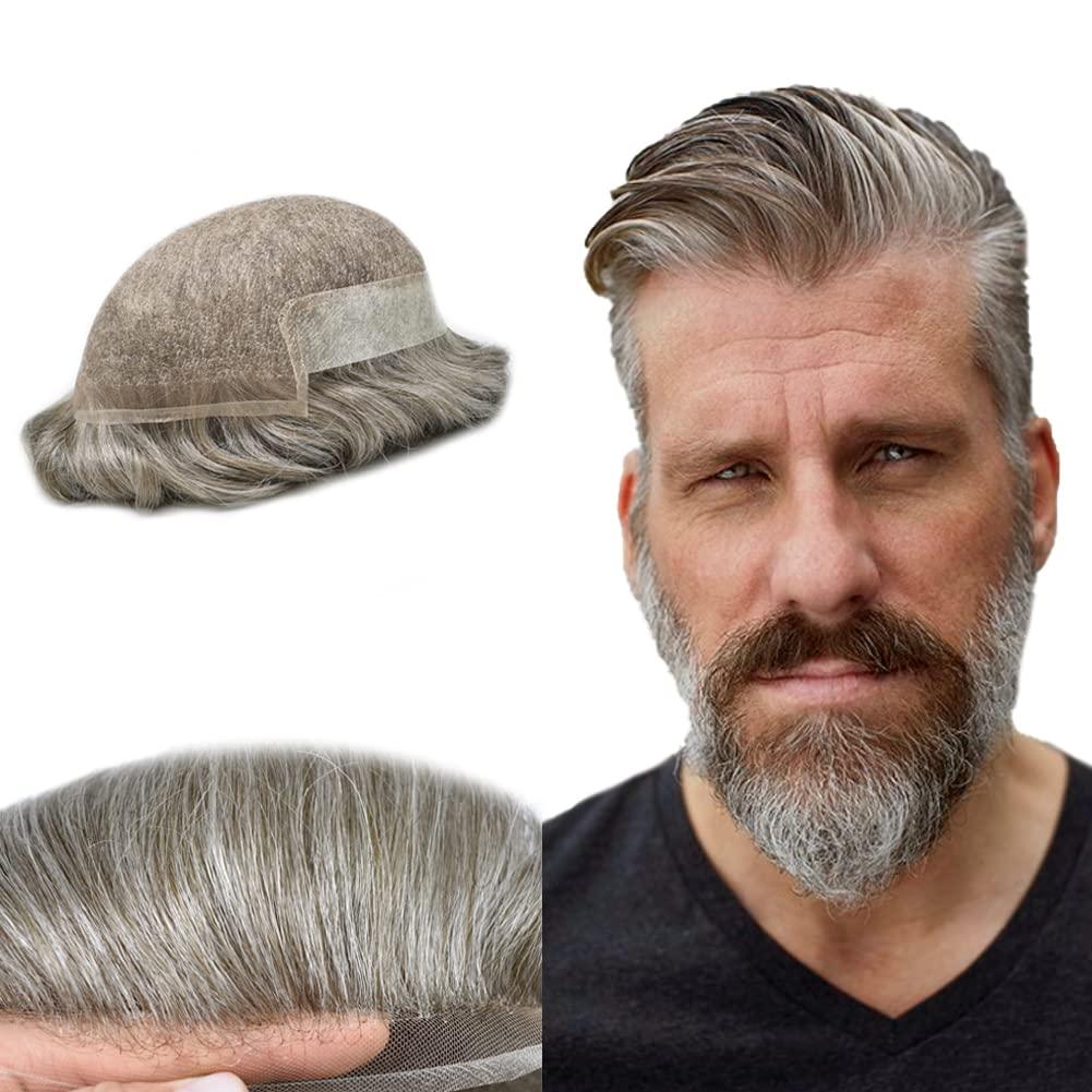 Generic Gray Toupee For Men European Human Hair Piece Swiss Lace Front Mens Toupee Bleached Knots Natural Hairline Gray White Hair Replacement System For Men. (8x10\'\'-100% Light Med-Light Density, 370# Dark Brown with 70% Synthetic Gray)