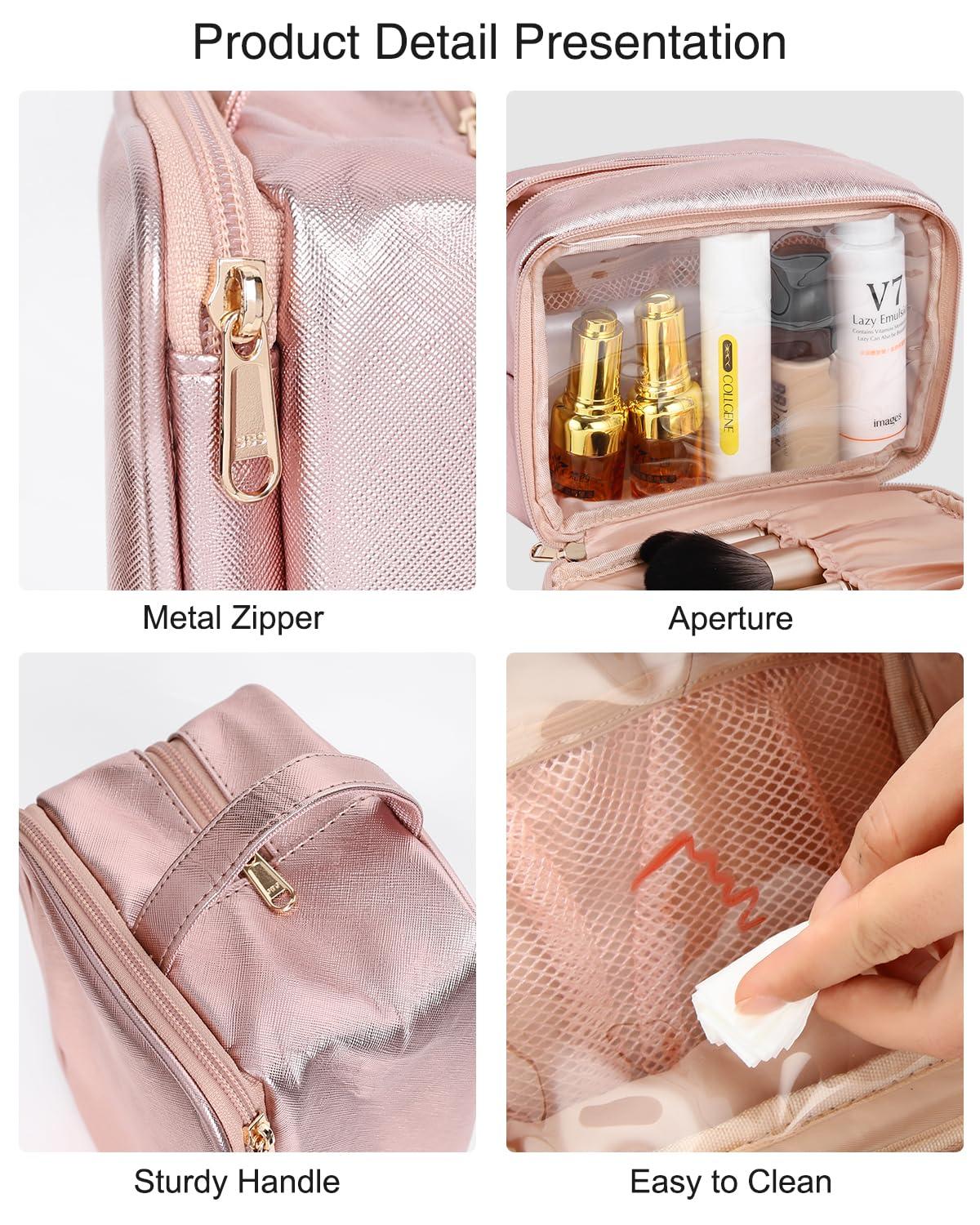 MONSTINA MONSTINA Travel Makeup Bag,Double Layer Toiletry Organizer Women Makeup Brush Bag Cosmetic Case Portable Large Wide-open Pouch Brush Holder Purse Bag