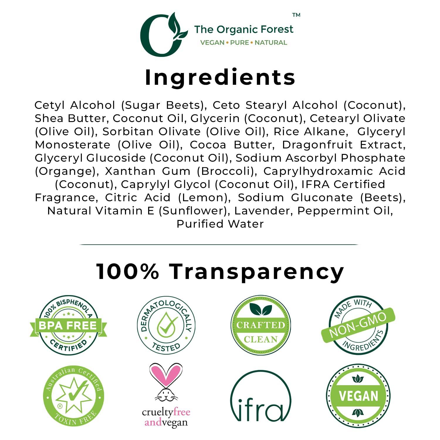 The Organic Forest  VEGAN . PURE . NATURAL Plant-Based Lavender & Peppermint Soothing Hand Cream For Women | Vitamin C & E for Skin Protection | Hydrating Hand Cream & Moisturizer with Organic Shea Butter for Dry & Cracked Hands |