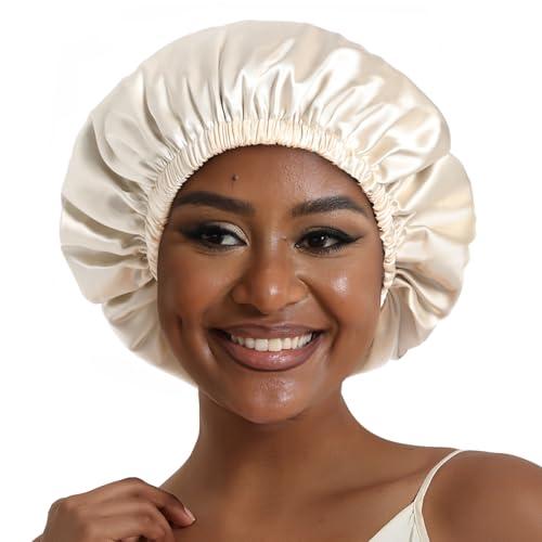 Hat Hut Hat Hut Satin Bonnet Silk Bonnet for Sleeping Hair Bonnet for Sleeping Cap for Curly Hair Wrap Reversible Satin Bonnet (Champagne/Black)