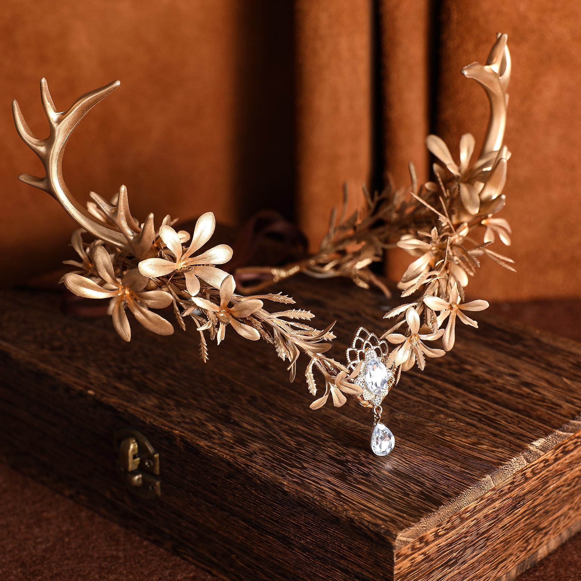 MOSTORY MOSTORY Gold Fairy Antler Crown - Woodland Flower Deer Horns Headpiece Elf Forest Ciecle for Women Renaissance Cosplay Ren Faire Outfit Hallween Costume