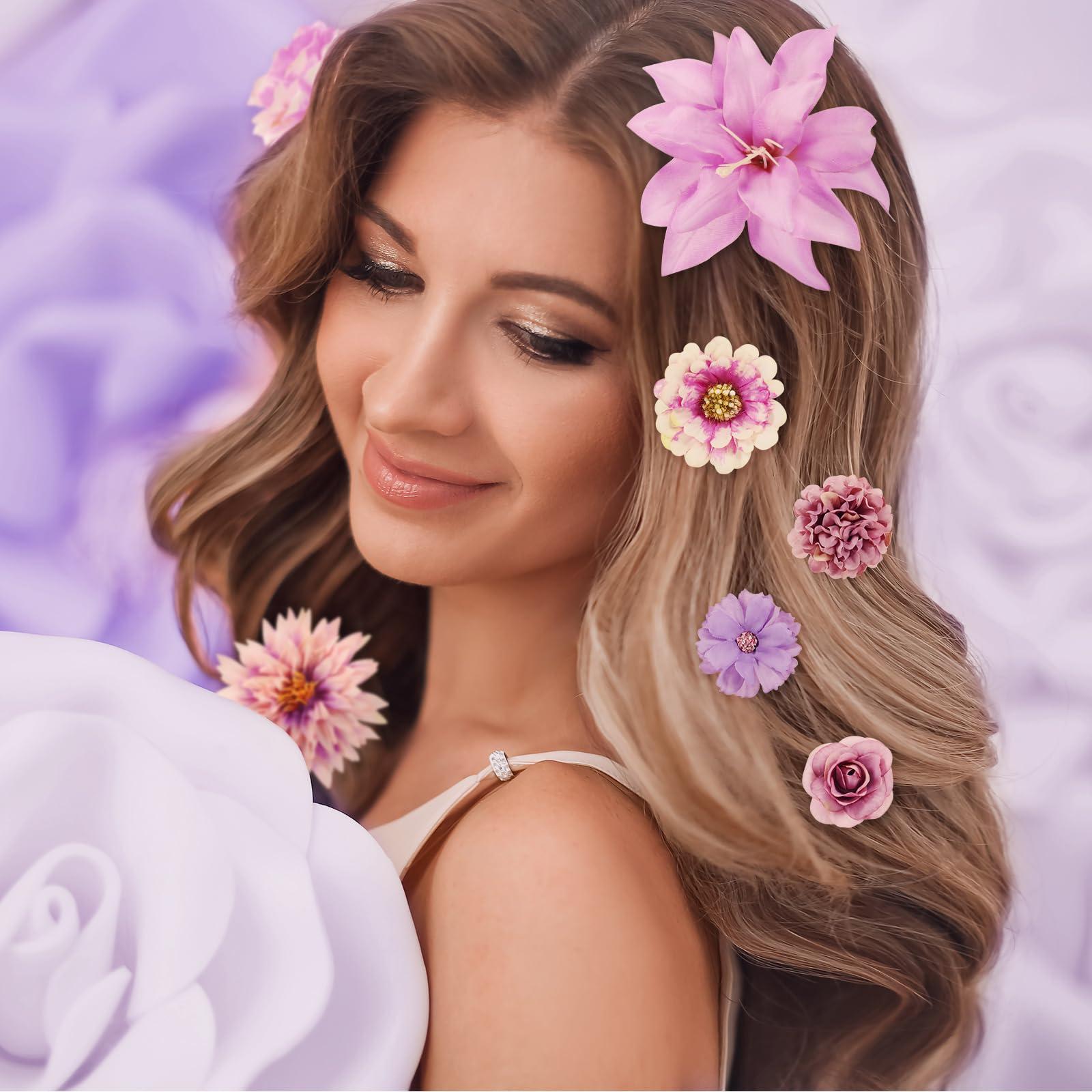 Giesiery 36 Pcs Flower Hair Clips Artificial Hair Flowers Clips Purple Flowers Mix Silk Flowers Dahlia Roses with Clip for DIY Wedding Bridal Hairstyles, Baby Shower, Costume Decor