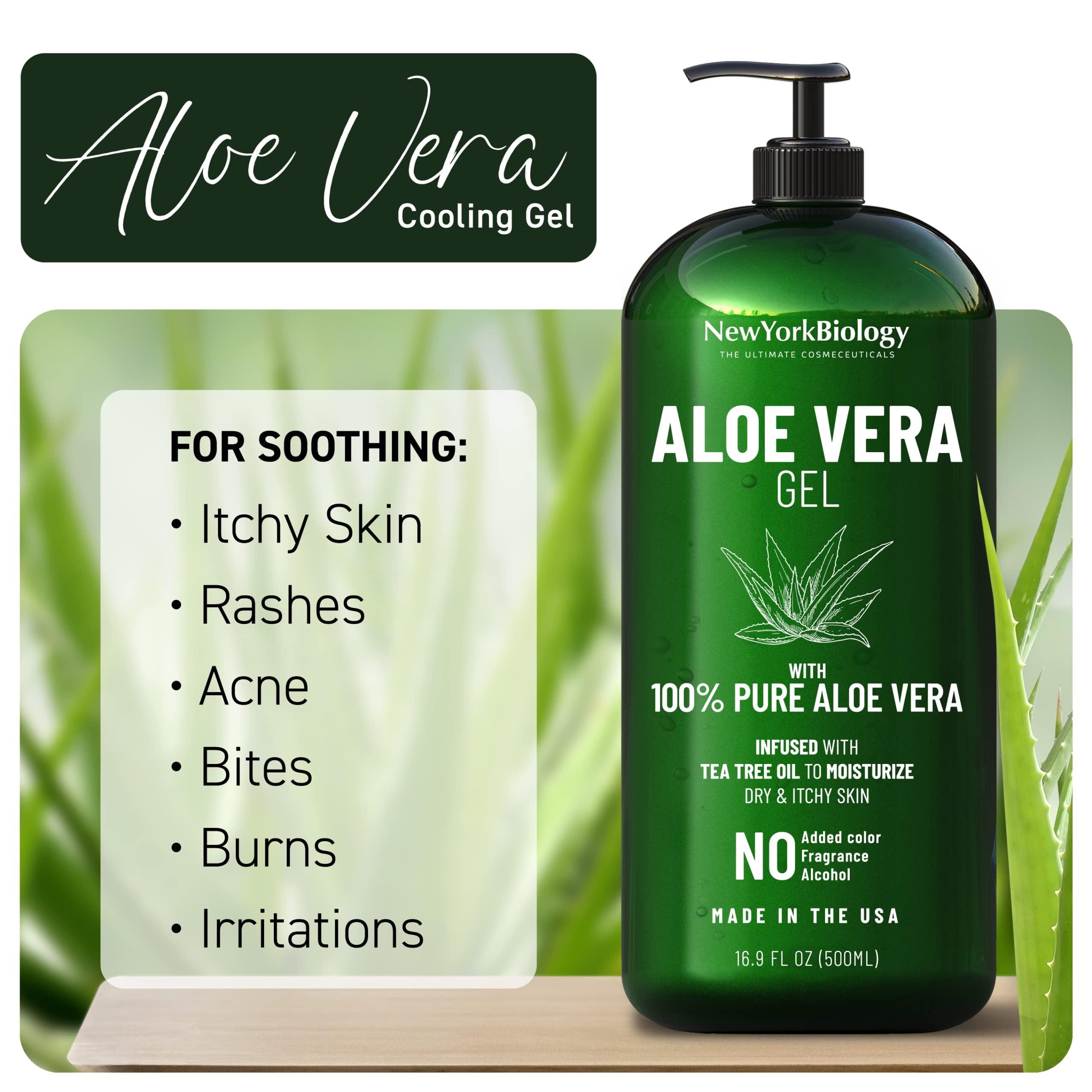 NEW YORK BIOLOGY THE ULTIMATE COSMECEUTICALS New York Biology Aloe Vera Gel for Face, Skin and Hair - Infused with Tea Tree Oil – From Fresh Aloe Vera Plant – Moisturizing Aloe Vera for Sunburn Relief and Dry Skin - 16.9 oz - Pack of 2