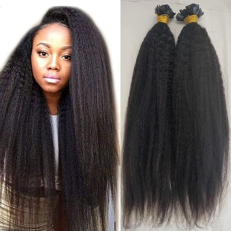 RJ HAIR RJ Hair Flat Tip Human Hair Extensions 30inch Kinky Straight Pre Bonded Hair Extensions I Tip Human Hair Pre Bonded Hair Keratin Hair Coarse Yaki 100 Strand (26inch 100Strand, #1(Jet Black))