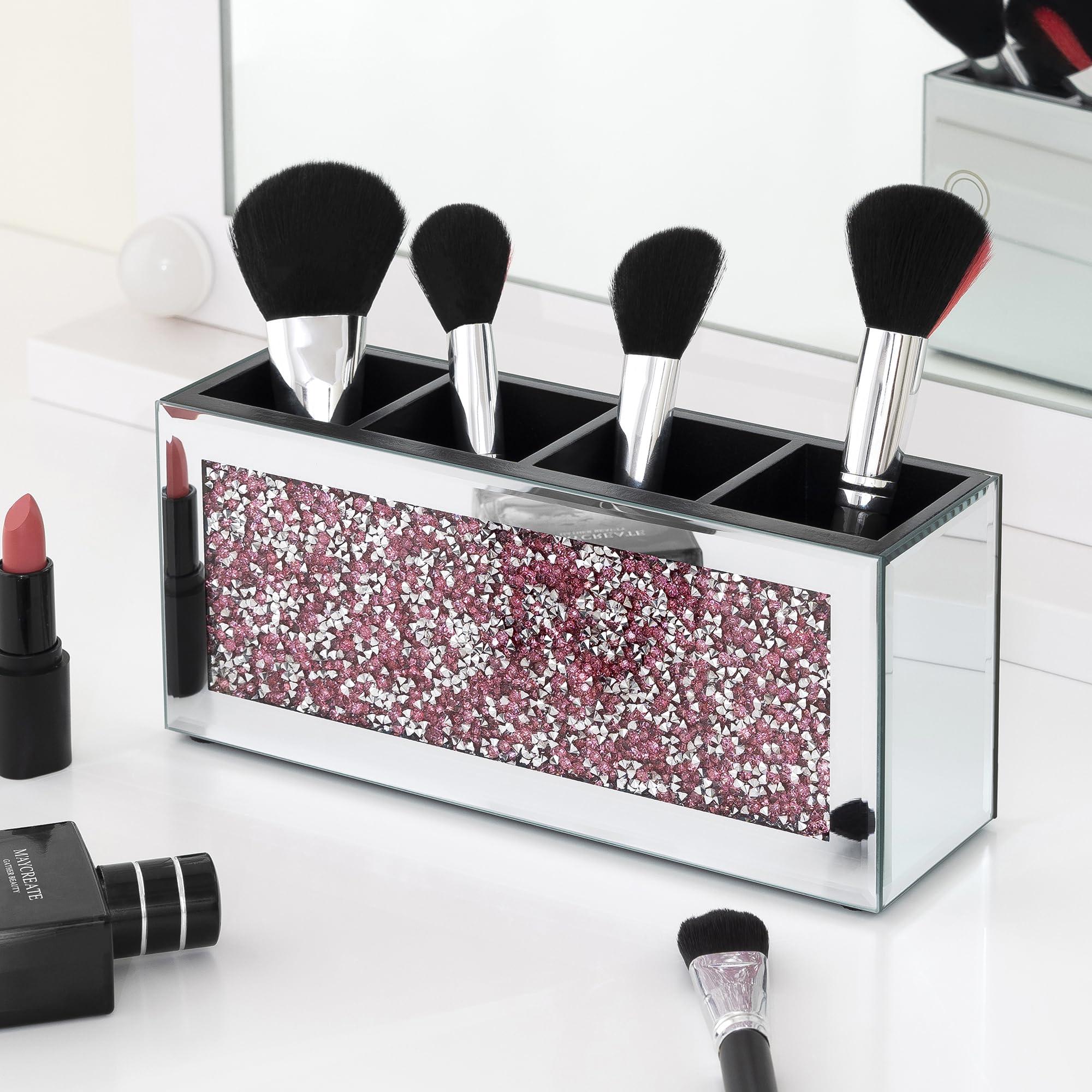 SHYFOY SHYFOY Mirrored Makeup Brush Holder, 4-Compartment Makeup Organizer with Pink Crushed Diamond, Vanity Cosmetics Organizer Solution, Pencil Holder Organizer for Desk