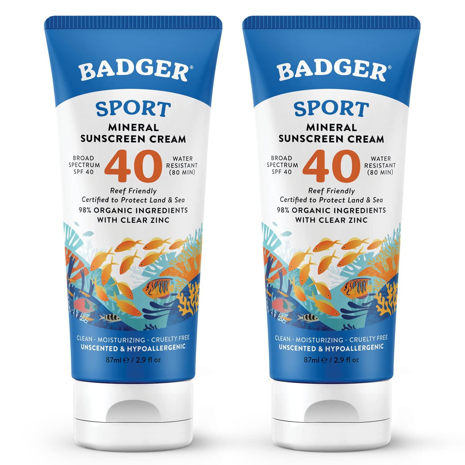 Badger Badger Reef Safe Sunscreen, SPF 40 Sport Mineral Sunscreen, 98% Organic Sunscreen Ingredients, Broad Spectrum, Water Resistant, Zinc Oxide Sunscreen, Unscented, 2.9 fl oz (2 Pack)
