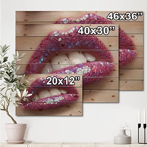 DesignQ DesignQ Woman Female Lips Pink Lipstick And Sequins Modern & Contemporary Wood Wall Decor, Pink Wood Wall Art, Large People Wood Wall Panels Printed On Natural Pine Wood Art