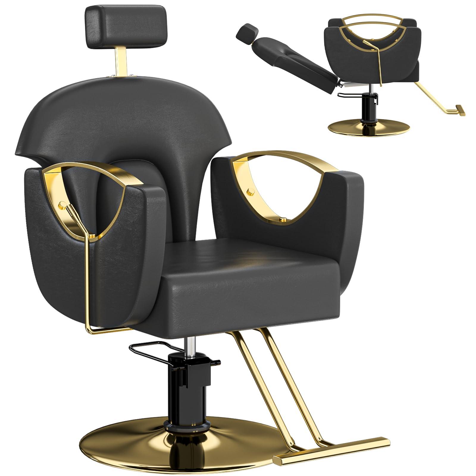 Charmmade Salon Chair Reclining Barber Chair Adjustable Recliner Styling Chair Hydraulic Adjust Height 360Swivel, Unique Headrest Design, Black and Gold