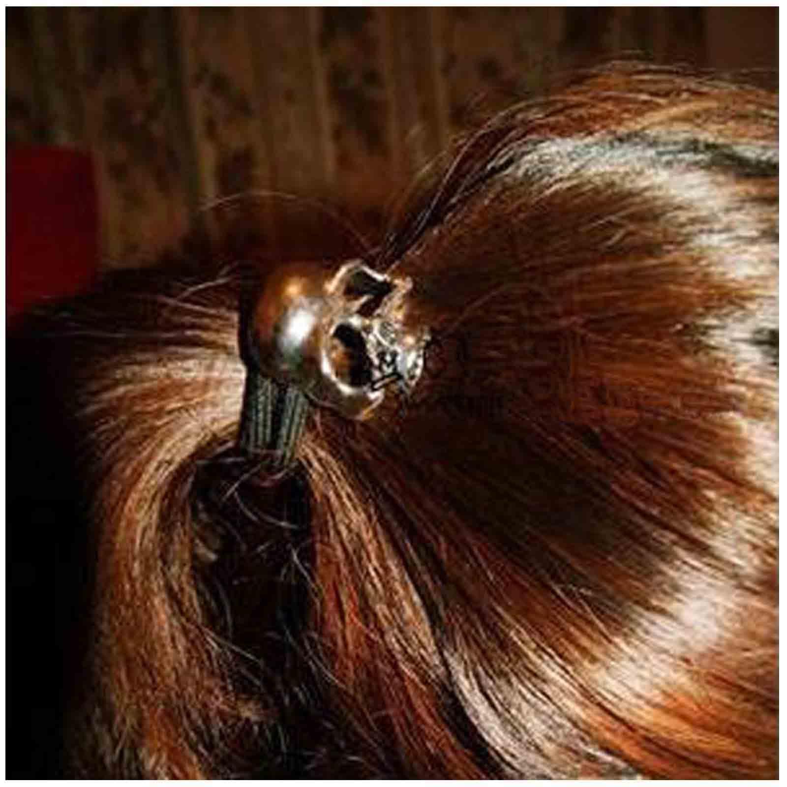 Aneneiceera Aneneiceera Gothic Viking Hair Accessories - Skull Ponytail Holder with Black Rope, Punk Skeleton Jewelry for Women and Girls (Gold)