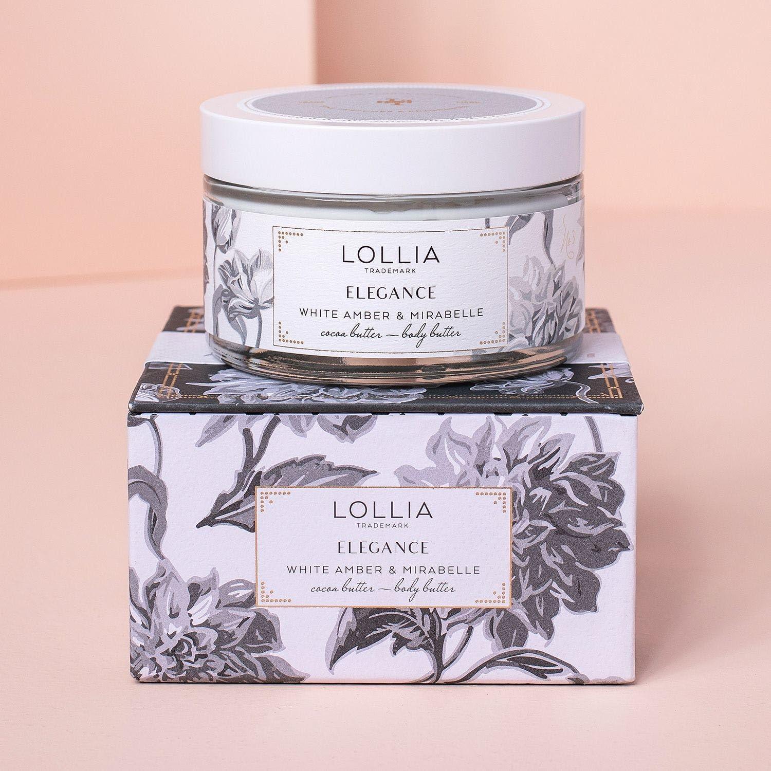 LOLLIA Lollia Elegance Body Butter, 5.5 oz. White Amber & Mirabelle - Shea Butter & Cocoa Butter, Body Lotion for Women, Hydrating & Smooth Body Moisturizer