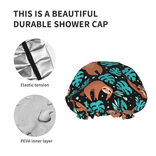 IDNUYIA Cute Sloth Shower Cap For Women, Layers Bathing Shower Reusable Elastic Band Stretch Hem Hair Hat