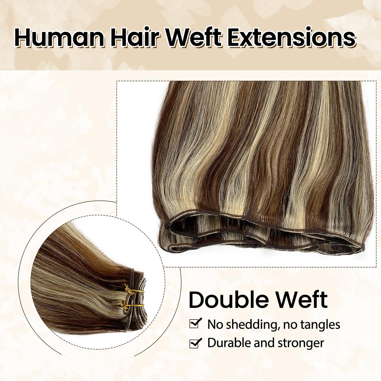 Benafee Sew in Hair Extensions Human Hair 14” Double Weft Sew in Weft Hair Extensions Dark Brown to Bleach Blonde Human Hair Weave Bundles Hand Tied Weft Hair Extensions Human Hair Sew in Hair Extensions