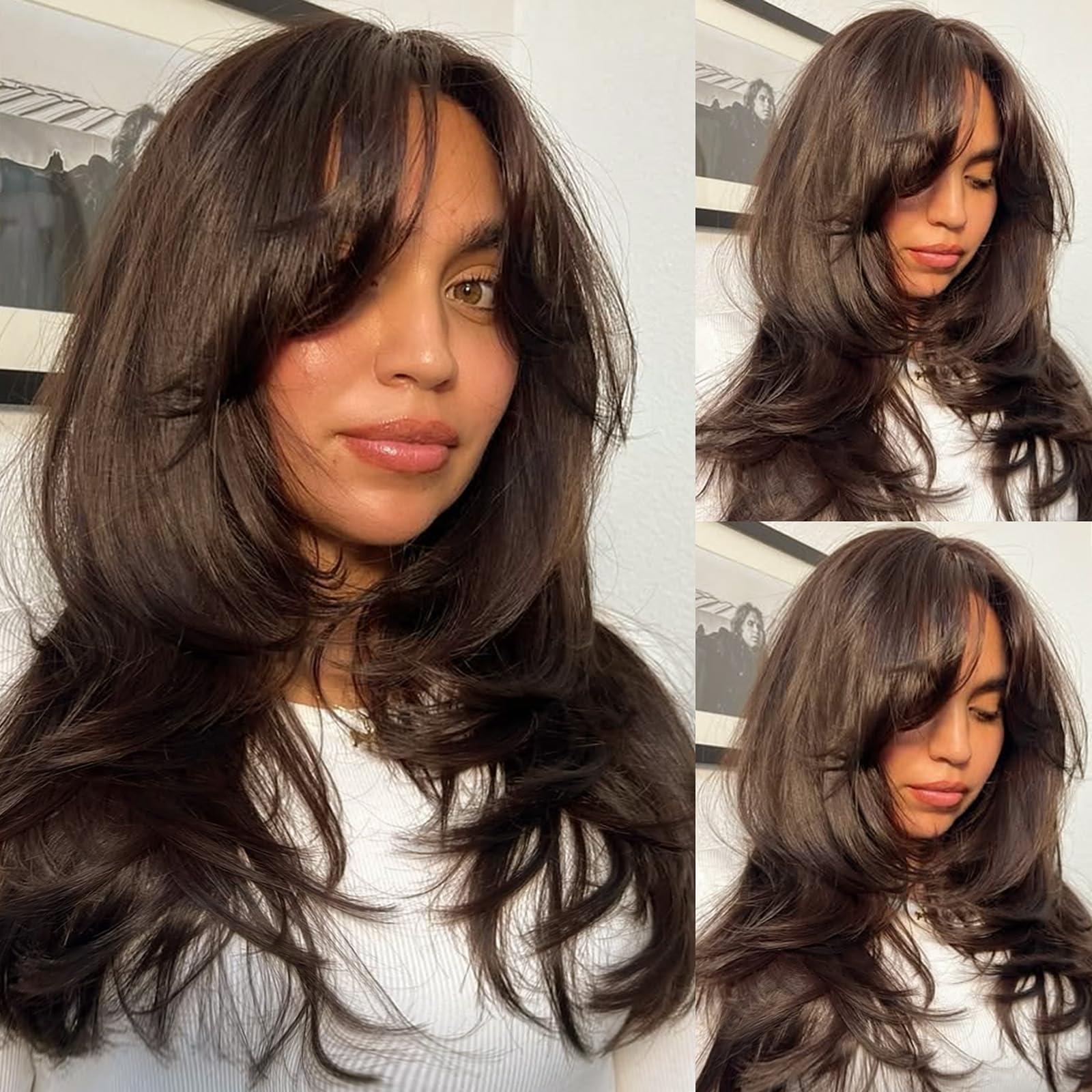 LEOSA LEOSA Dark Brown Wig with Curtain Bangs Layered Wig for Women Brown Hair Wig Shoulder-Length Wavy Wig Long Dark Brown Synthetic Wigs with Bangs for White Women Medium Brown Wig for Daily Party Use