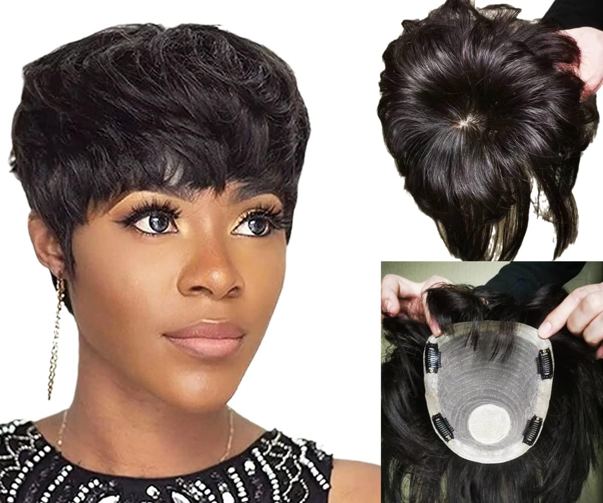 BESTOPPER BESTOPPER Human Hair Short Curly Hair Toppers For Women,16X18cm Womens Large Base Pixie Hair Toppers For Thinning Bouffant Hairstyles Short Hair Hair Extensions (Jet black(1#), Wavy/straight)