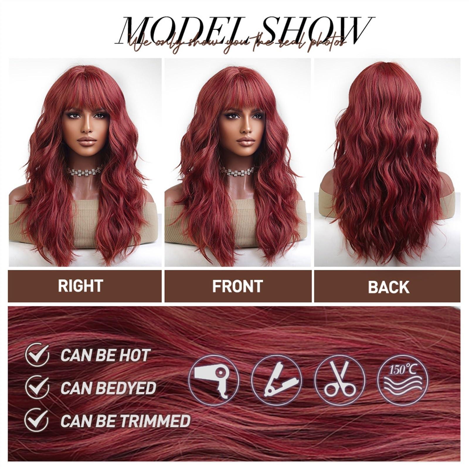 CLoxks CLoxks Wigs Dark Red Wigs with Bangs Long Wave Synthetic Wig High Quality Cosplay Lolita Women Wigs Natural Hair Heat Resistant Lace Wigs