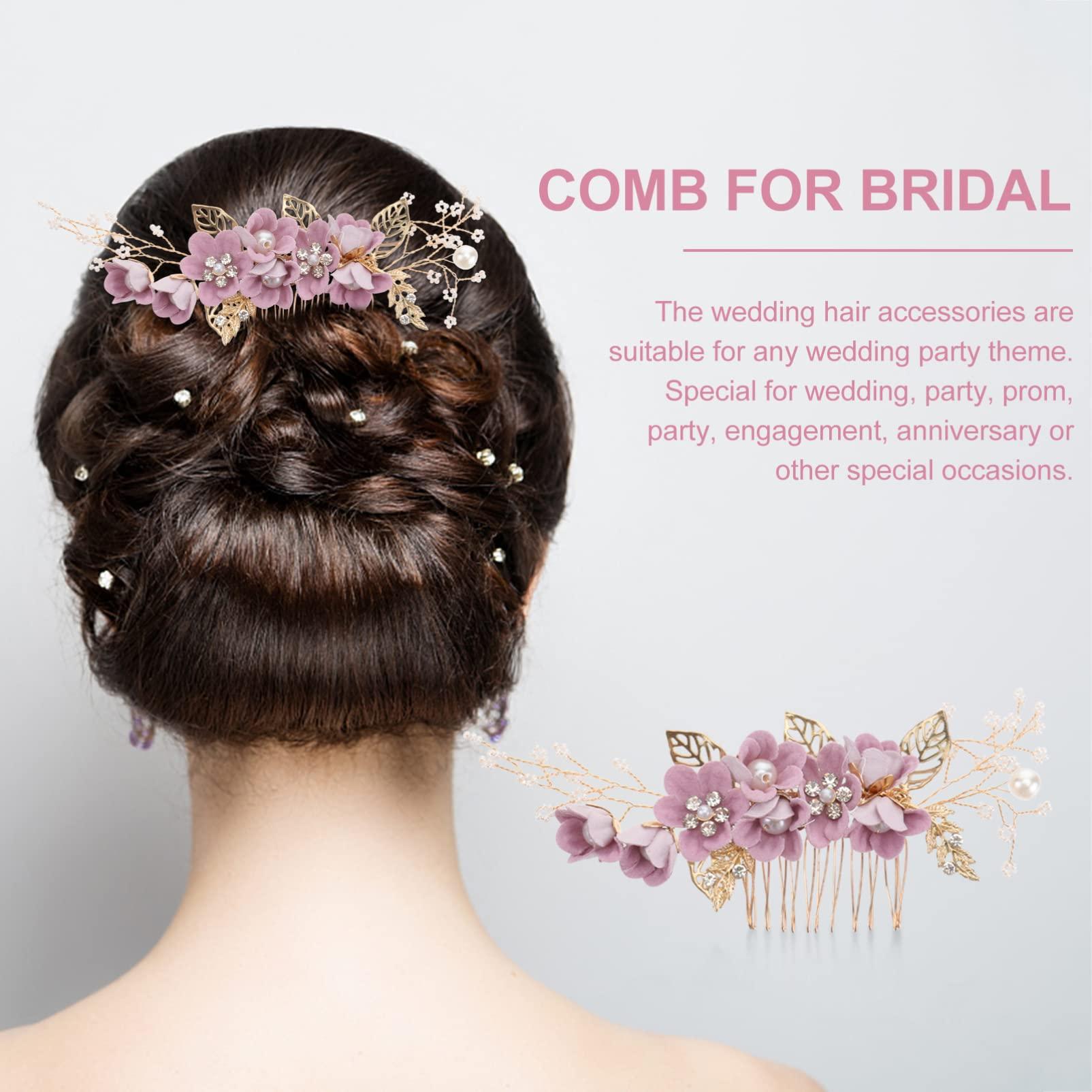 Luxshiny Luxshiny Gold Decor Bridal Hair Comb Hair Side Comb, Bride Wedding Hair Comb Pearl Hair Piece for Wedding Banquet Party (Purple) Bridesmaid Hair Accessories Retro Decor