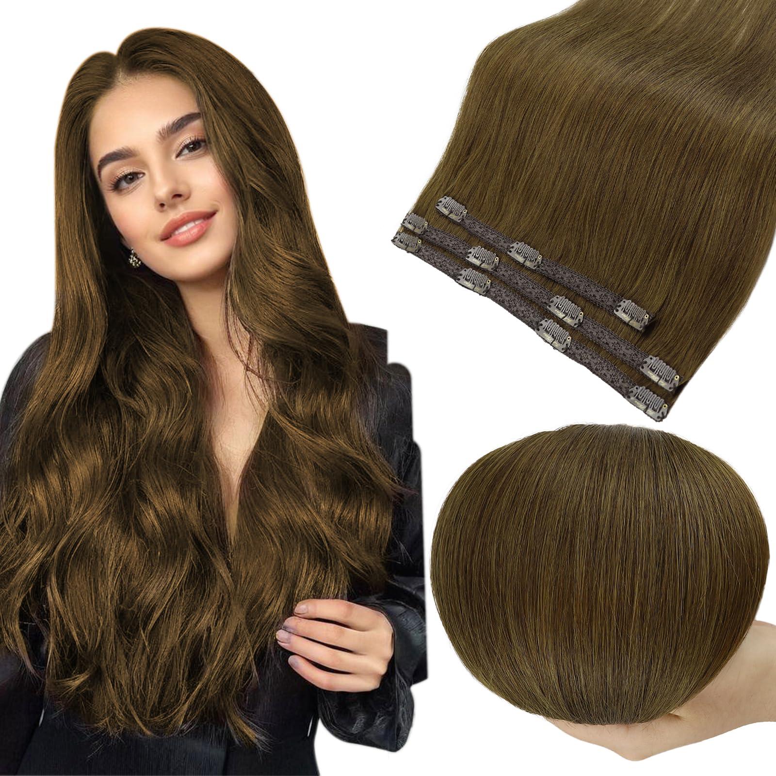 Full Shine Full Shine Hair Extensions Clip Ins 12 Inch Clip in Human Hair Extensions Brown Hair Extensions for Women Clip ins Brown Clip in Extensions Straight Hair Double Weft Soft Natural Hair 3Pcs 60G