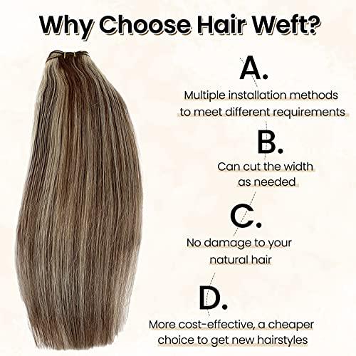 Benafee Sew in Hair Extensions Human Hair 14” Double Weft Sew in Weft Hair Extensions Dark Brown to Bleach Blonde Human Hair Weave Bundles Hand Tied Weft Hair Extensions Human Hair Sew in Hair Extensions