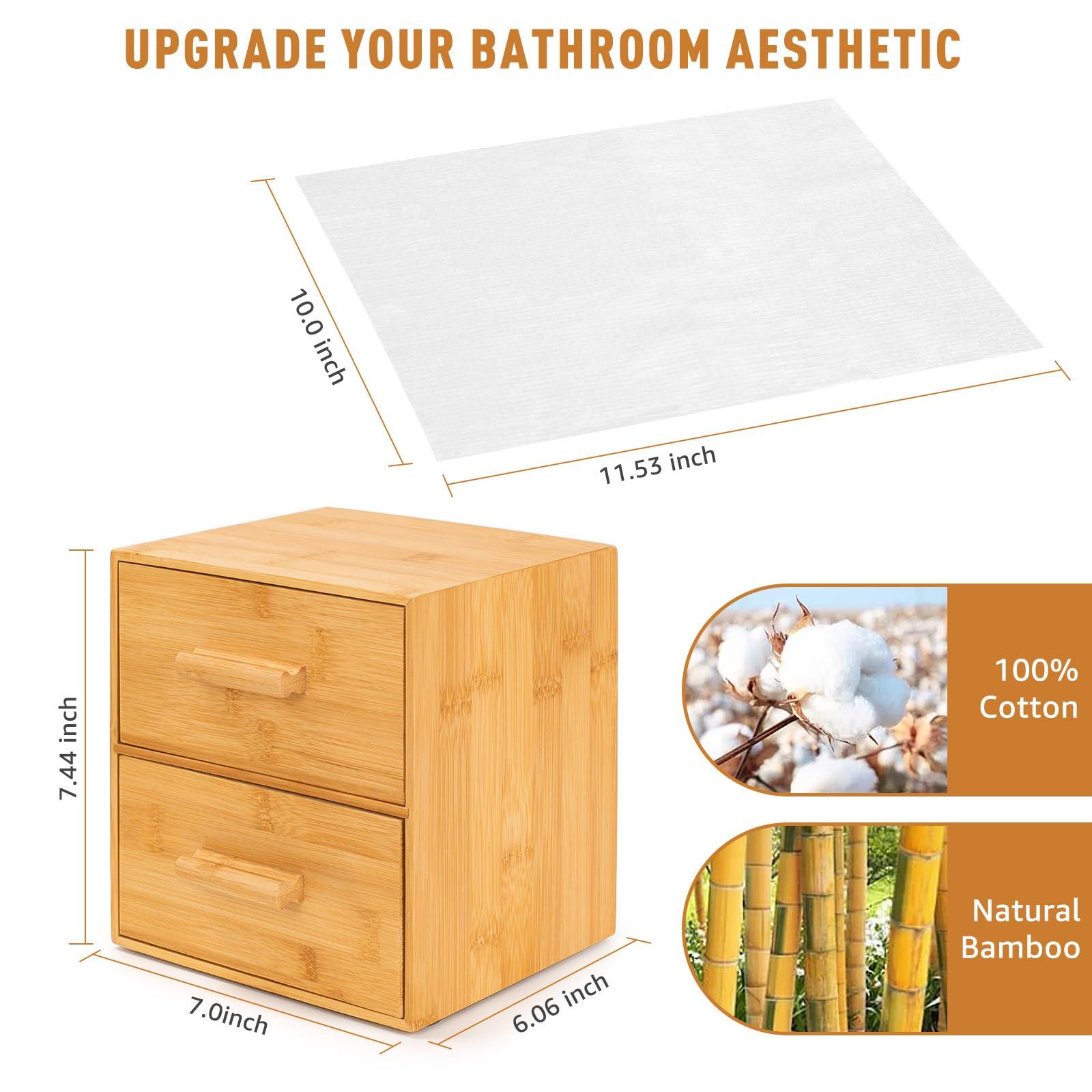 Chokoter Bamboo Box with Makeup Remover Wipes, 50 PCS XL Disposable Face Towels, Wash Cloths for Your Face and Body, Double-drawer Bamboo Container for Face Towelettes (Bamboo Container, 50 Face Cloths)