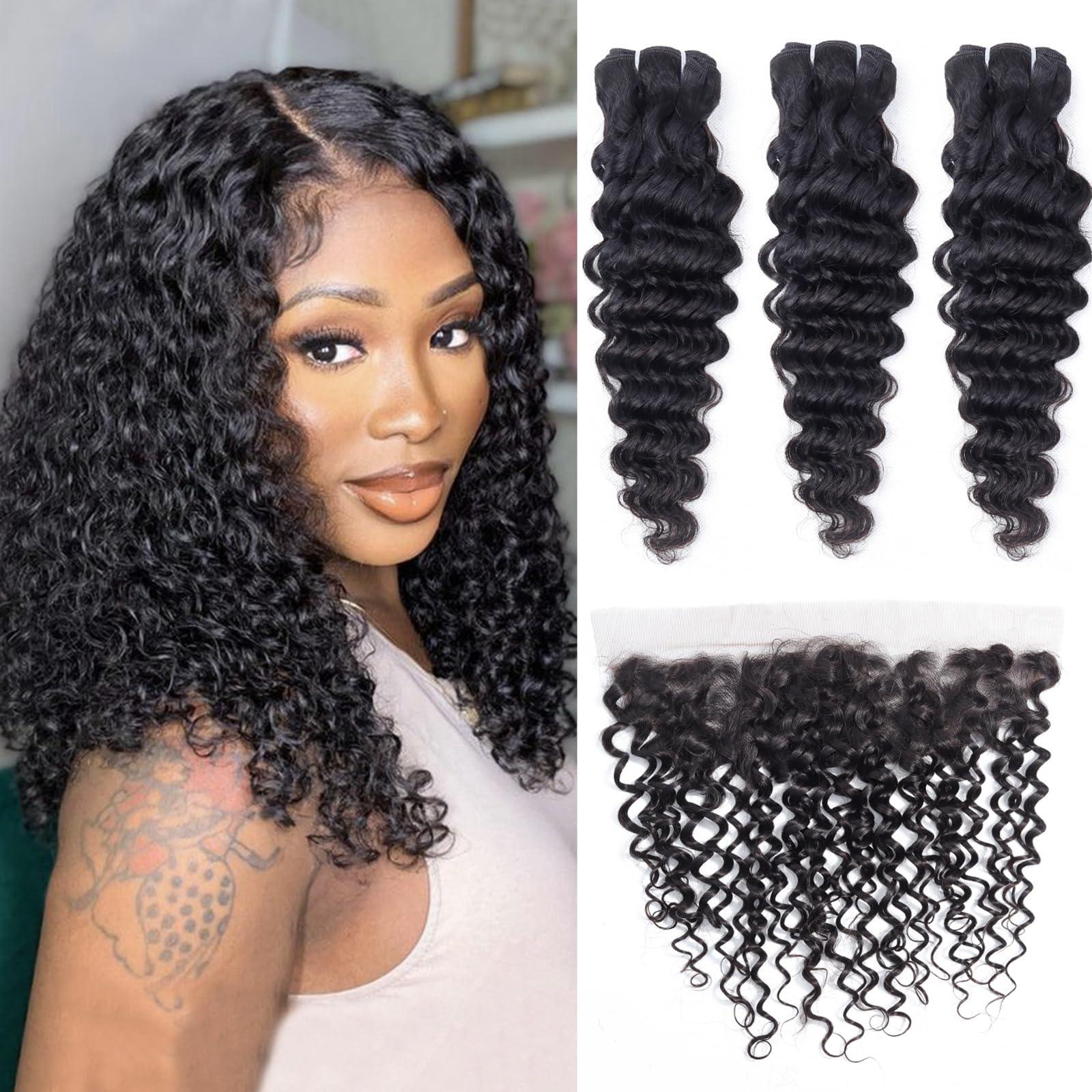 Odir Odir Deep Wave Hair Bundles with 13x4 Frontal Brazilian Human Hair Deep Curly Hair 3 Bundles with Lace Frontal 14 16 18+12 Inch 9A Unprocessed Virgin Hair Natural Color