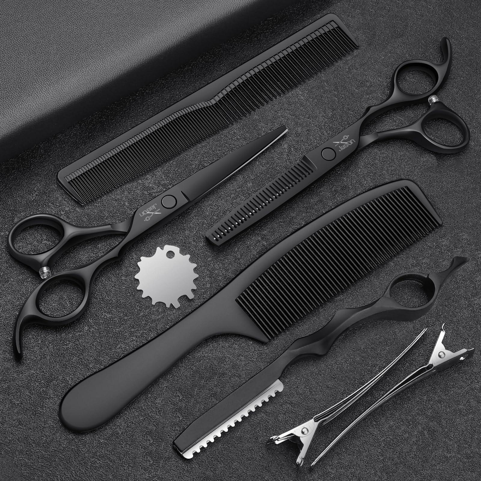 JASON JASON Hair Cutting Scissors Set - Professional 10 PCS Haircut Scissors kit, Thinning Blender Scissors, Straight Shears with 30 Teeth for Men Women Home Salon Barber (6.5\", Black)