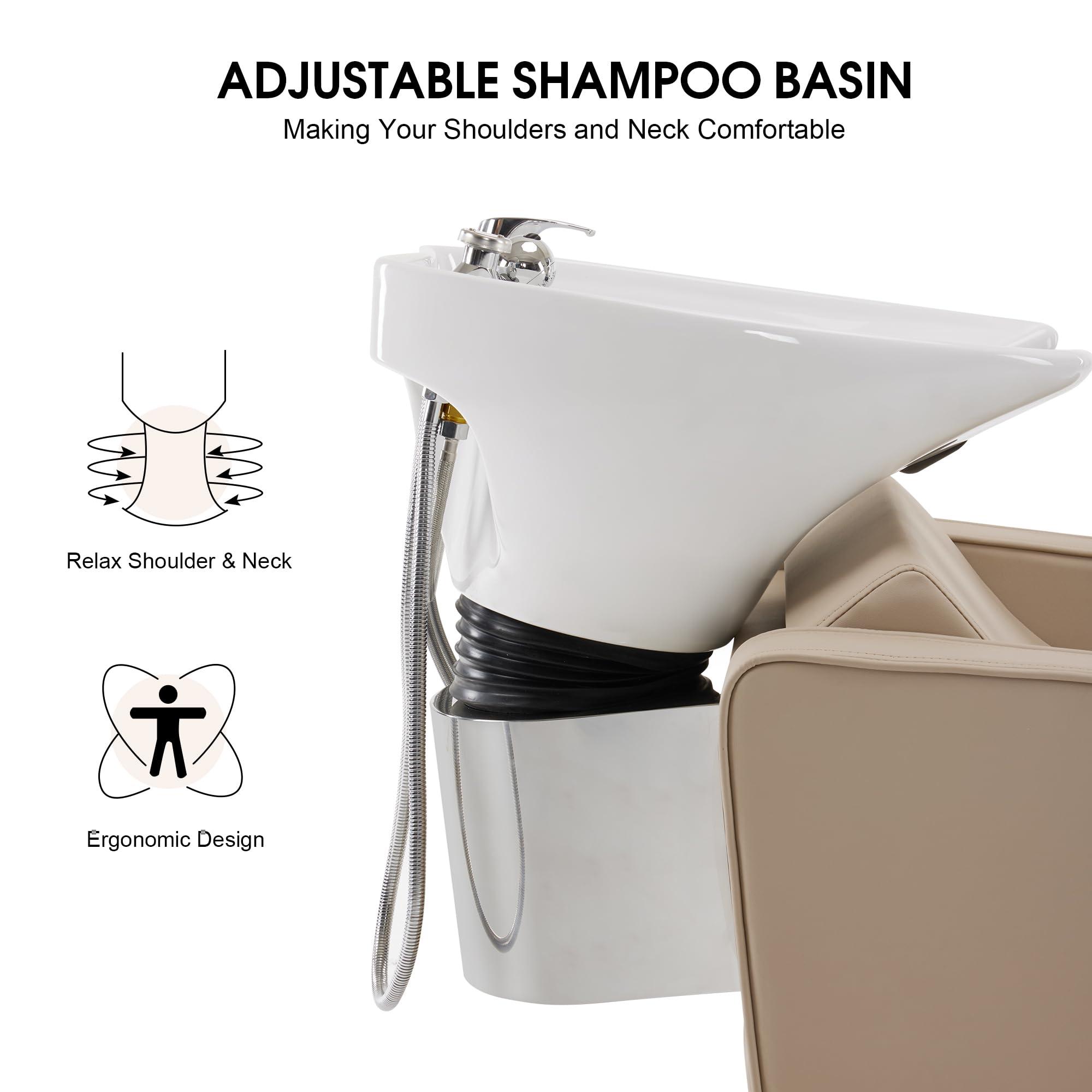 BarberPub BarberPub Backwash Shampoo Station Chair, Adjustable Porcelain Ceramic Hair Wash Bowl Sink Unit Station, Reclining Shampoo Station Chair for Spa Beauty Salon Hair Salon Equipment 9303 (Beige)