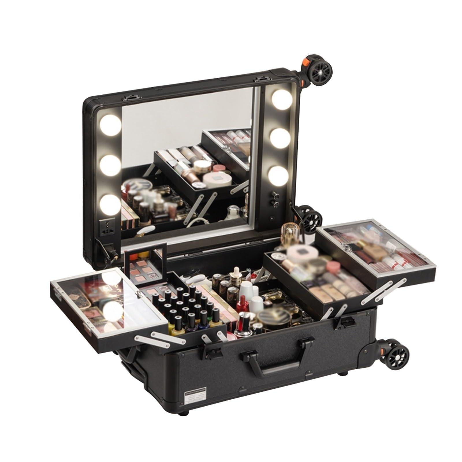 HJXGQJM Rolling Makeup Case Professional Makeup Train Case Makeup Artist Travel Organizer, Cosmetic Case With LED Light With Stand, Infinitely Dimmable, Two-colour, Aluminium Make Up Case, Black cosmetic case