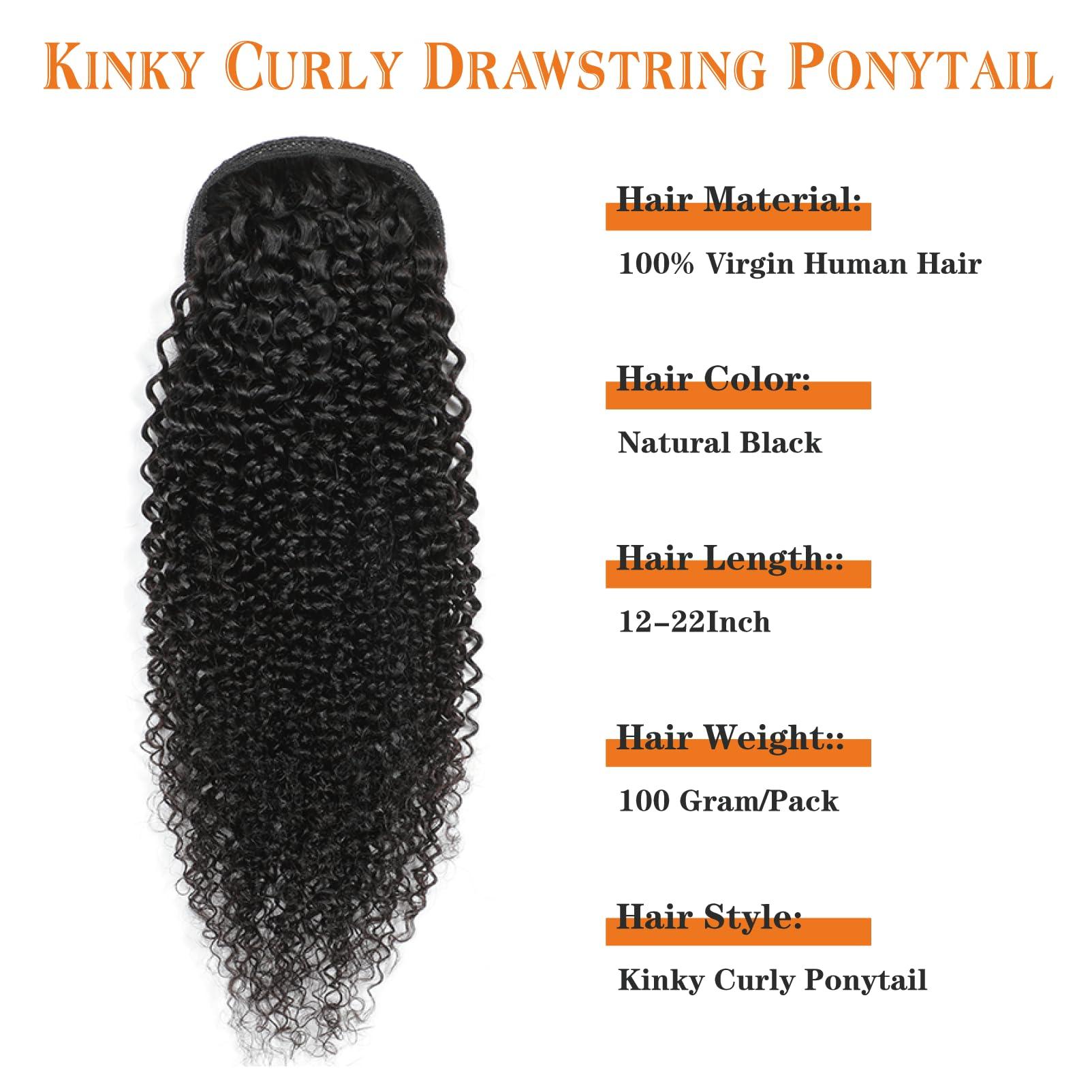 Yacurcur Yacurcur Kinky Curly Ponytail Human Hair Drawstring Ponytail for Black Women 10A Brazilian Virgin Human Hair 4C Curly Ponytail Extension Natural Black 20 Inch