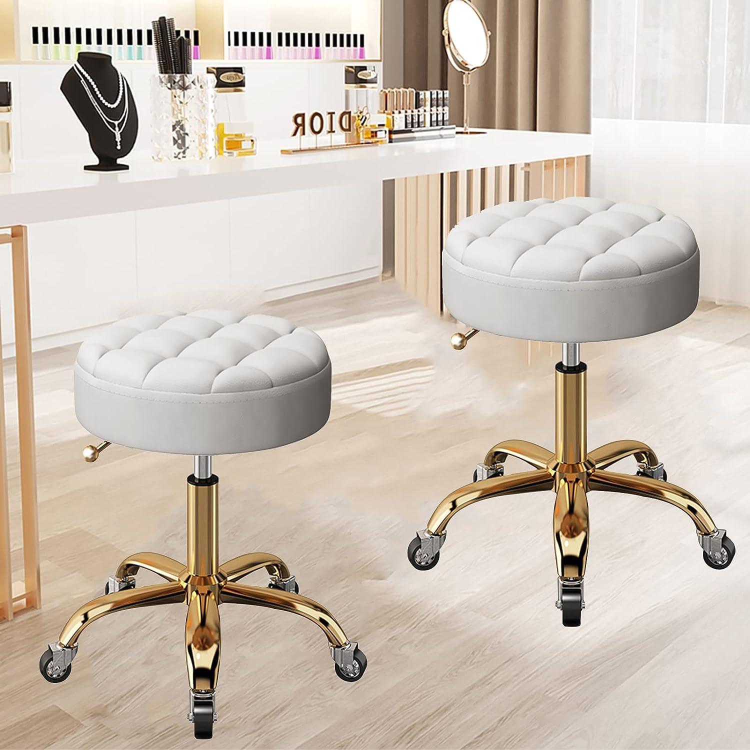 NinthAvenue Basics NinthAvenue Basics Modern Round Rolling Stool, White PU Leather Seat, 360 Swivel, Height Adjustable, 150kg/330lb Capacity