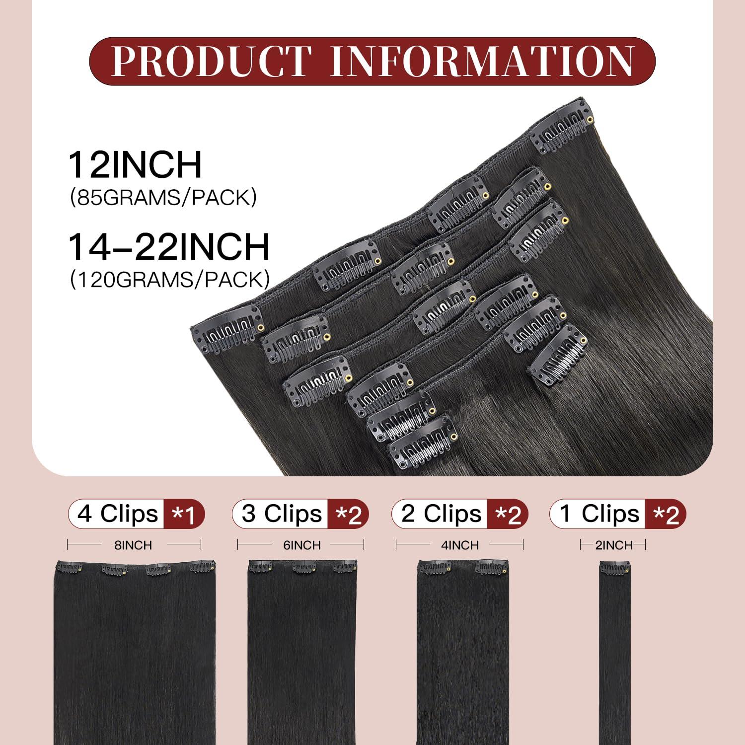 Loveline Loveline Clip In Hair Extensions 22 Inch Human Hair Clip in Real Human Hair Extension for Women Jet Black 120g 7 Pieces Per Set