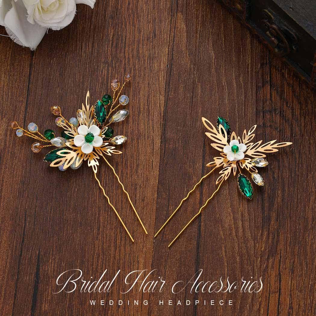 HEREAD Heread Flower Bride Wedding Hair Pins Gold Leaf Bridal Hair Pieces Green Crystal Hair Accessories for Women and Girls