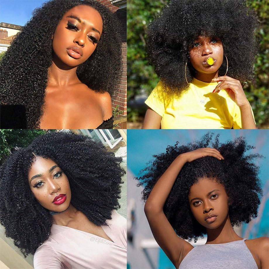 WENYAN Mongolian Afro Kinky Curly Bundles Human Hair 16 Inch 4B 4C Afro Kinky Bulk Human Hair Bundles Unprocessed Virgin Hair Curly Weave Hair Bundles for Women Natural Black