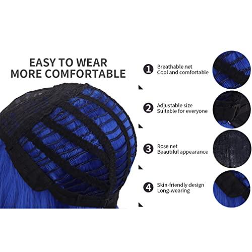 BERON BERON 14 Inches Dark Blue Wig Short Curly Wig Women Girl's Synthetic Wig Blue Wig with Bangs Wig Cap Included