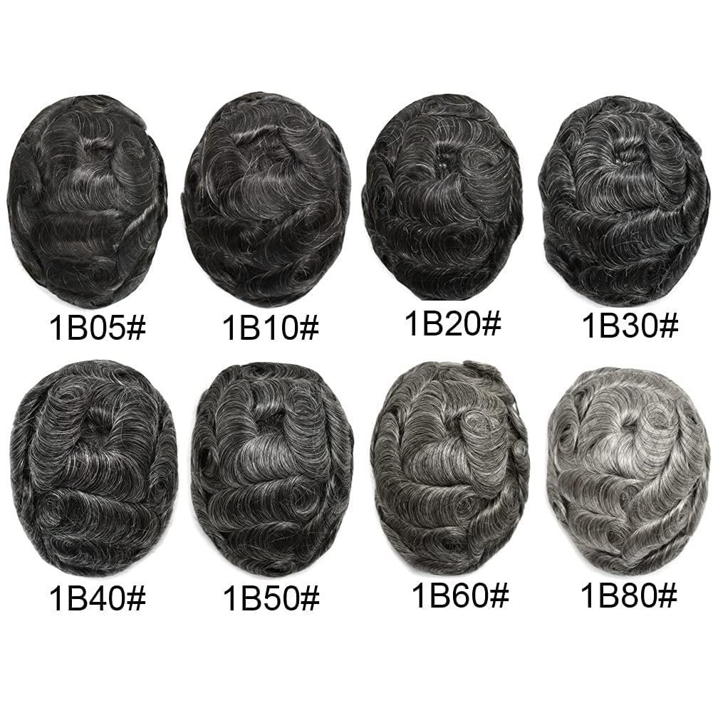 Hair Wonders Toupee for Men Real Human Hair Piece Replacement Systems French Lace Hair Pieces Pu Around Hair Unit for Men Lace Hair System Hair Prosthesis Man8*10\"-120% density#1B50 Off Black + 50% Gray