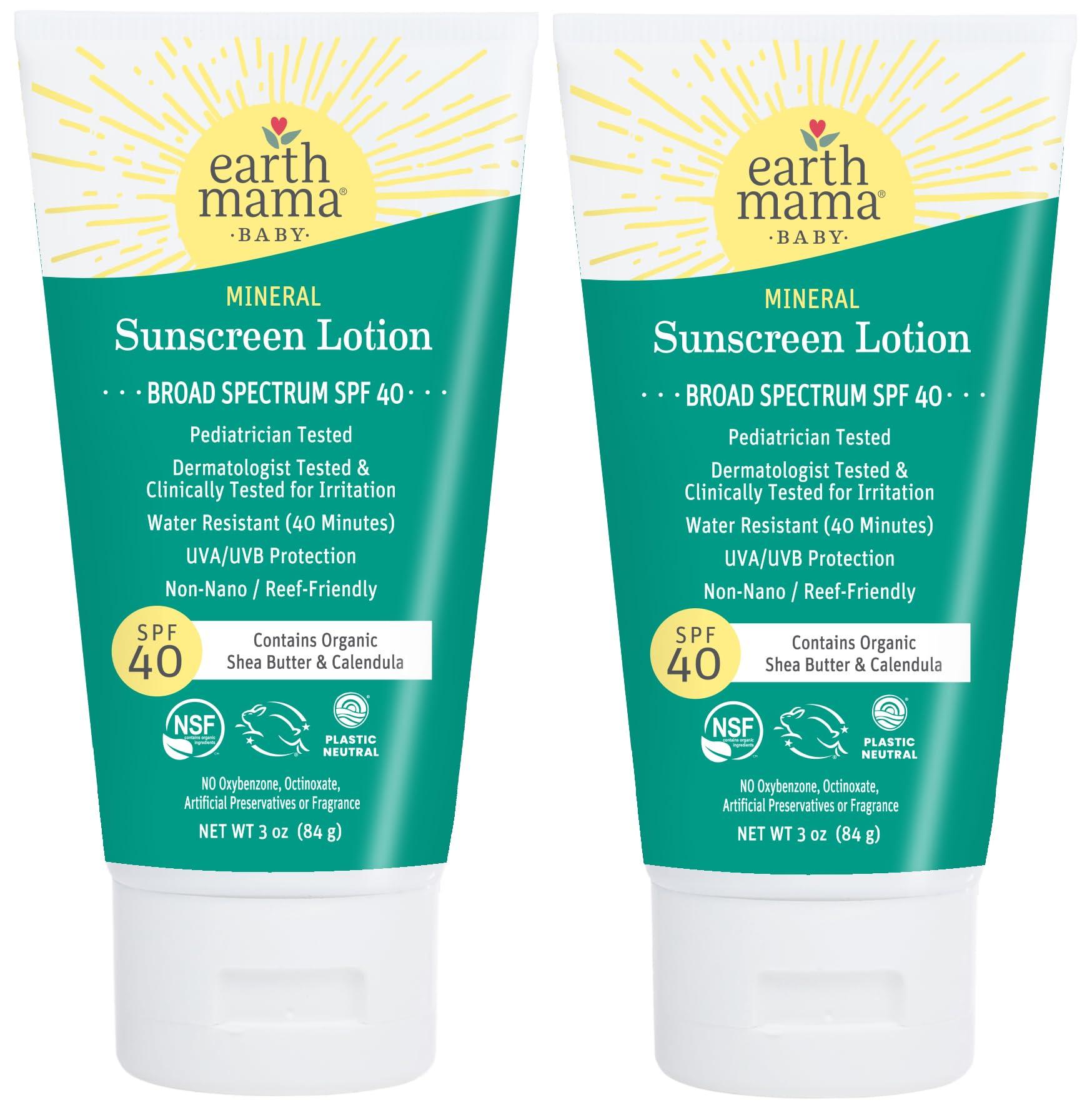 Earth Mama Earth Mama Baby Mineral Sunscreen Lotion SPF 40 | Reef Safe, Non-Nano Zinc, Natural Water Resistant Sun Cream for Babies, Kids & Adults, 3-Ounce (2-Pack)