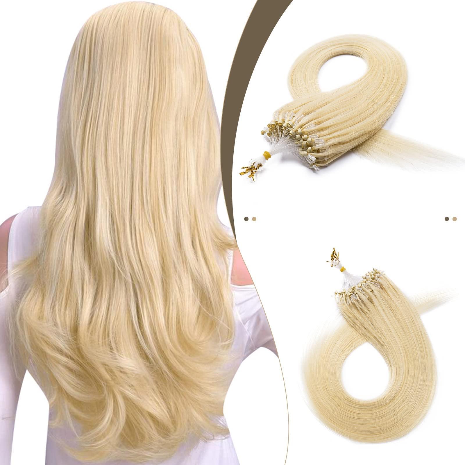 SEGO SEGO Micro Loop Human Hair Extensions Cold Fusion Micro Bead Hair Extensions Nano Rings Beads Stick Tipped Blonde Real Hair Extensions 50g 100 Strands 22inch 60# Platinum blonde