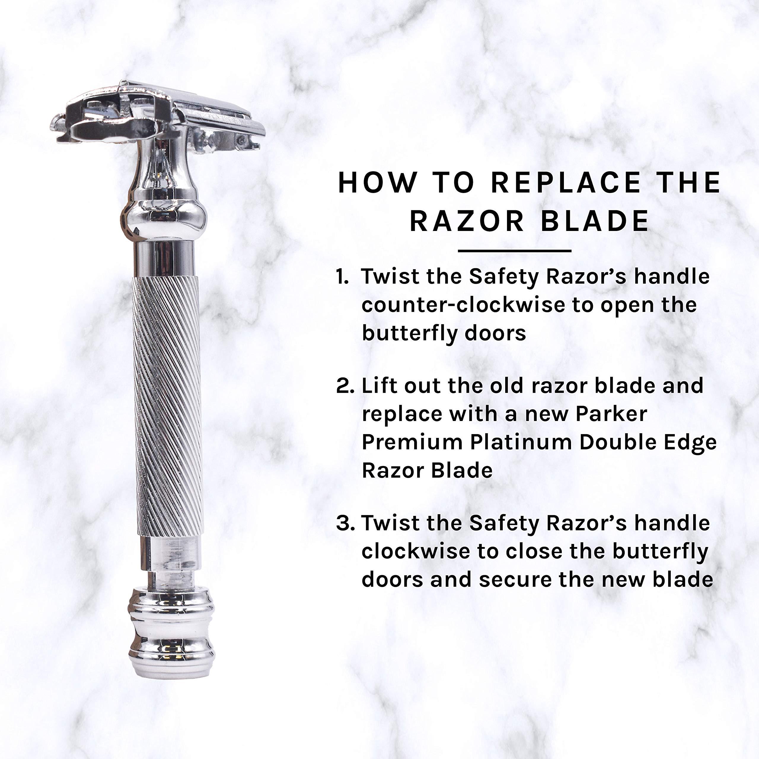 Parker Safety Razor Parker 99R Chrome Long Handle Heavyweight Butterfly Open Double Edge Safety Razor for Men, 5 Parker Premium Platinum Double Edge Razor Blades Included
