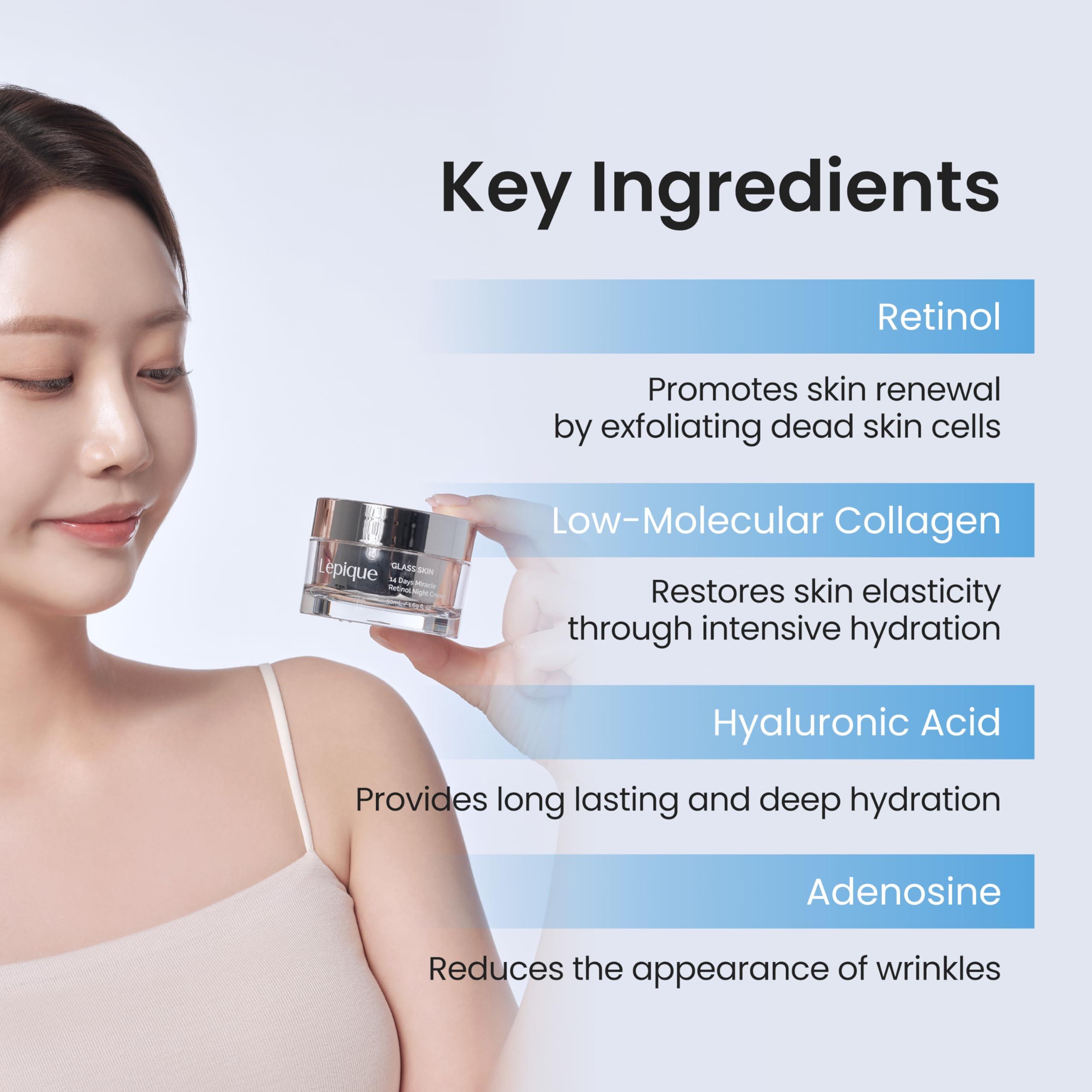 Lepique Lepique GLASS SKIN 14Days Miracle Retinol Night Cream 1.69oz - Korean Skincare Retinol Serum for Face and Neck - Collagen, Centella - Anti aging Skin Cream, Moisturizer Face Cream