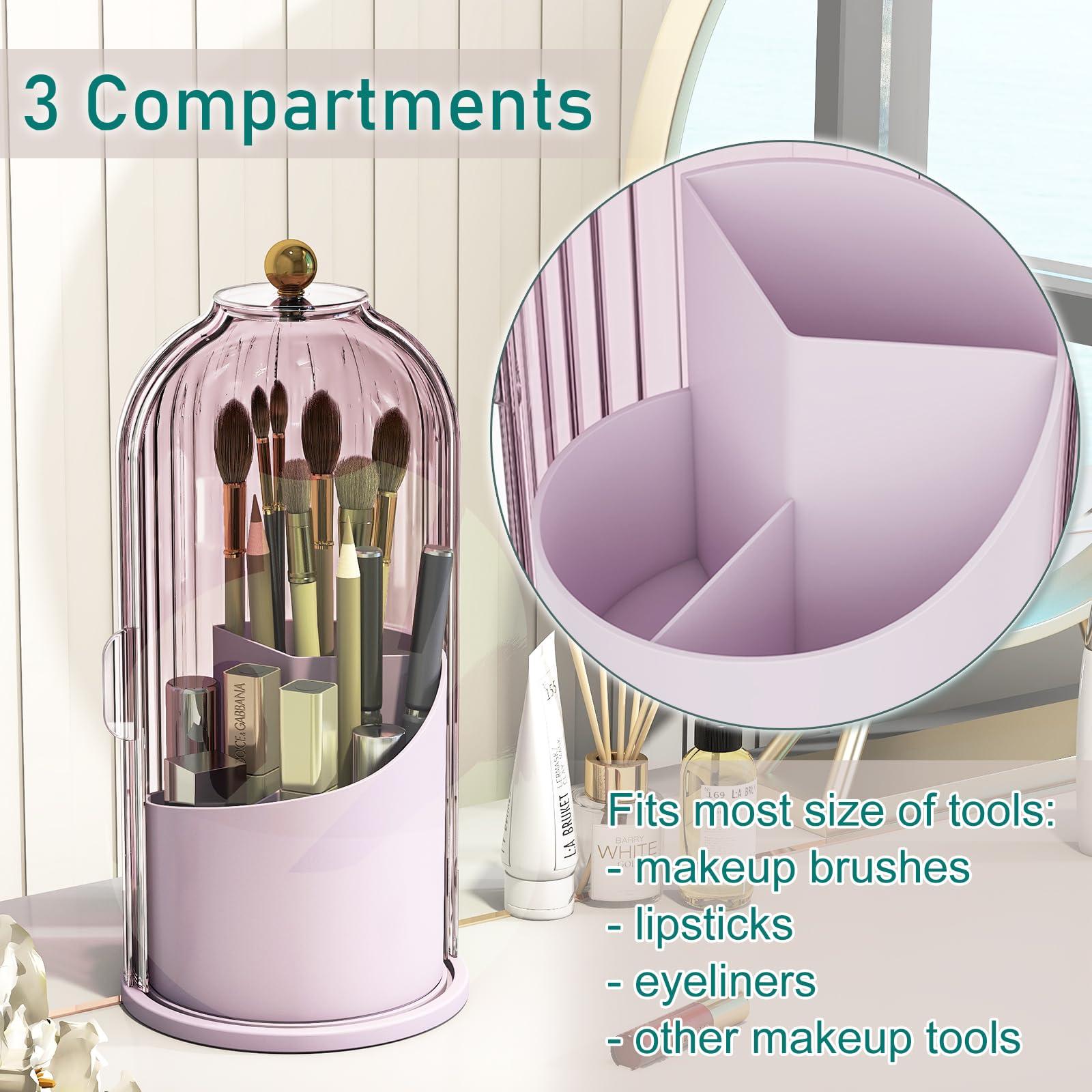 GAXmi GAXmi Makeup Brush Holder with Lid Cosmetic Tools Organizer 360 Rotating Waterproof Dustproof Makeup Brushes Storage for Vanity, Pink-Purple