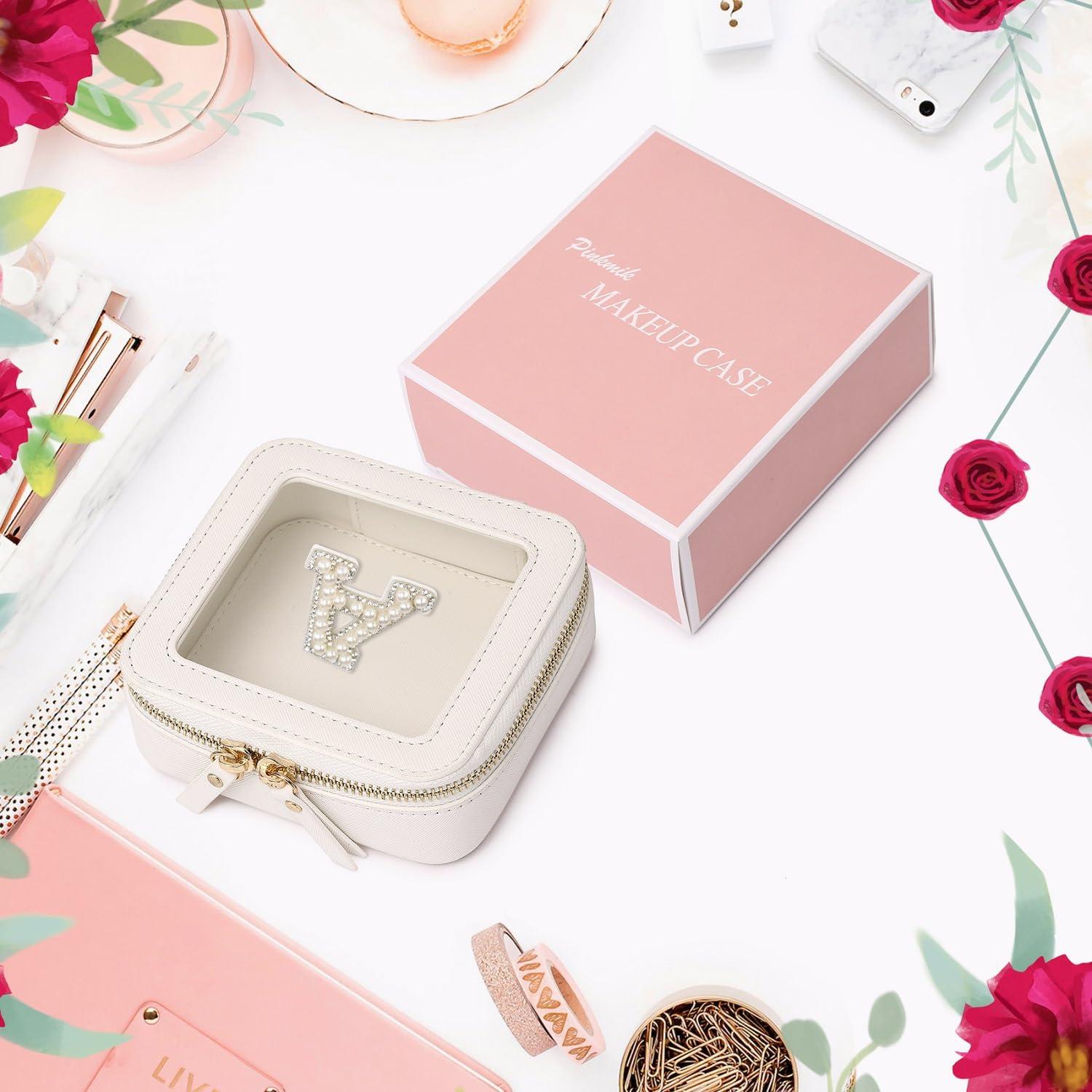 Pinkmik Pinkmik Clear Mini Makeup Bag Personalized Initial Cosmetic Bag Small Makeup Case & Toiletry Bag Birthday Gift for Women (W, Mini/White)