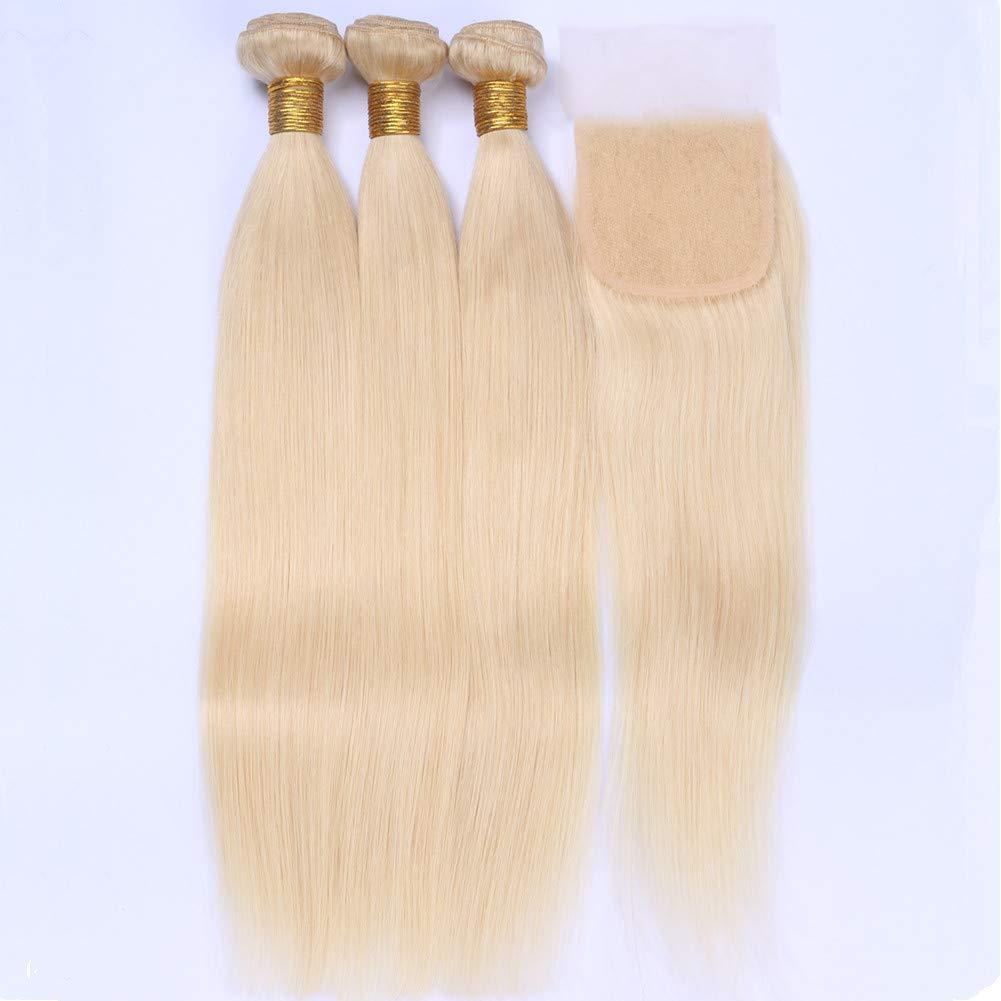 Tony beauty hair Tony Beauty Hair #613 Blonde Straight Human Hair 3 Bundles with Closure Bleach Blonde Brazilian Hair Weave Wefts with Closure Silky Straight Hair Bundles with 4x4 Lace Closure (18 20 22+16)