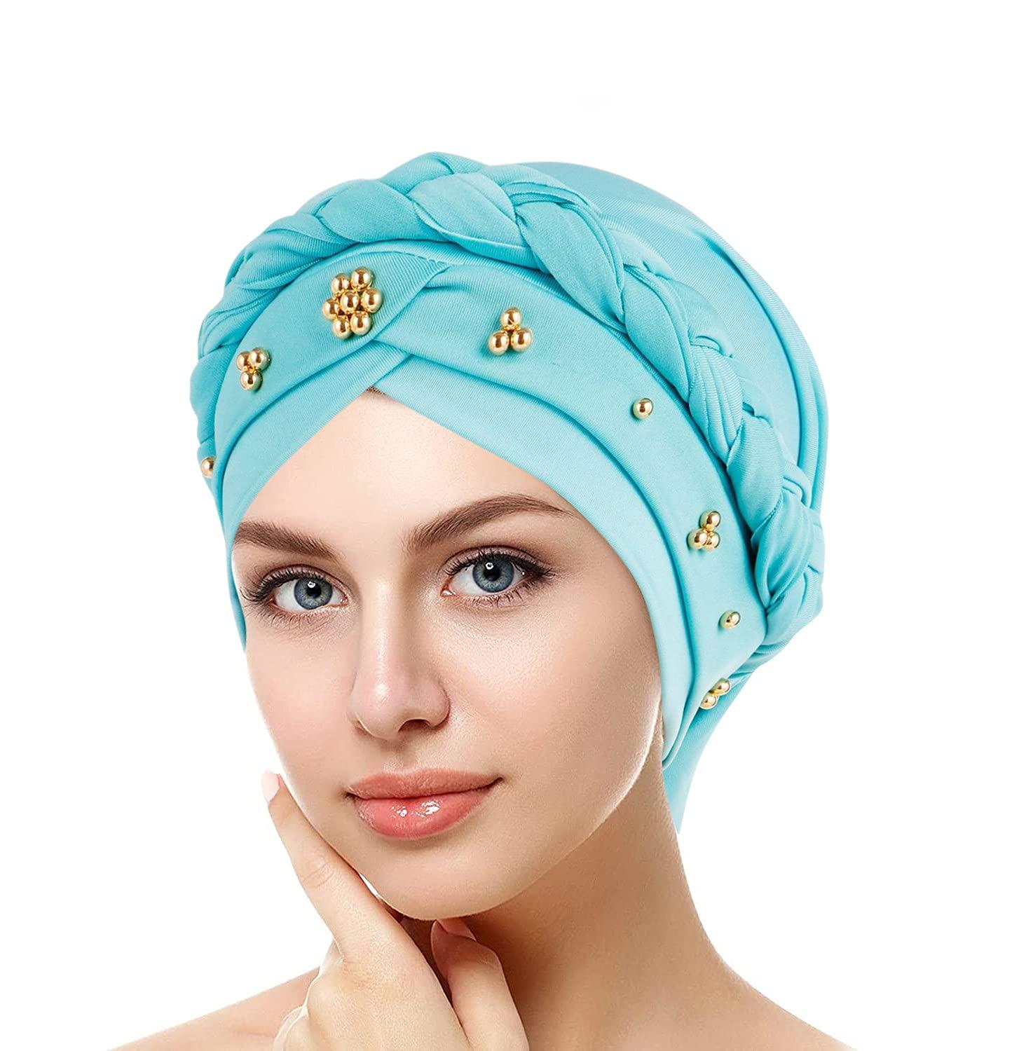 YOLAI Turban for Women Fashionable Cotton Sequin Twisted Pleated Hair Wrap Stretch Turban Head Wrap (Light Blue, One Size)