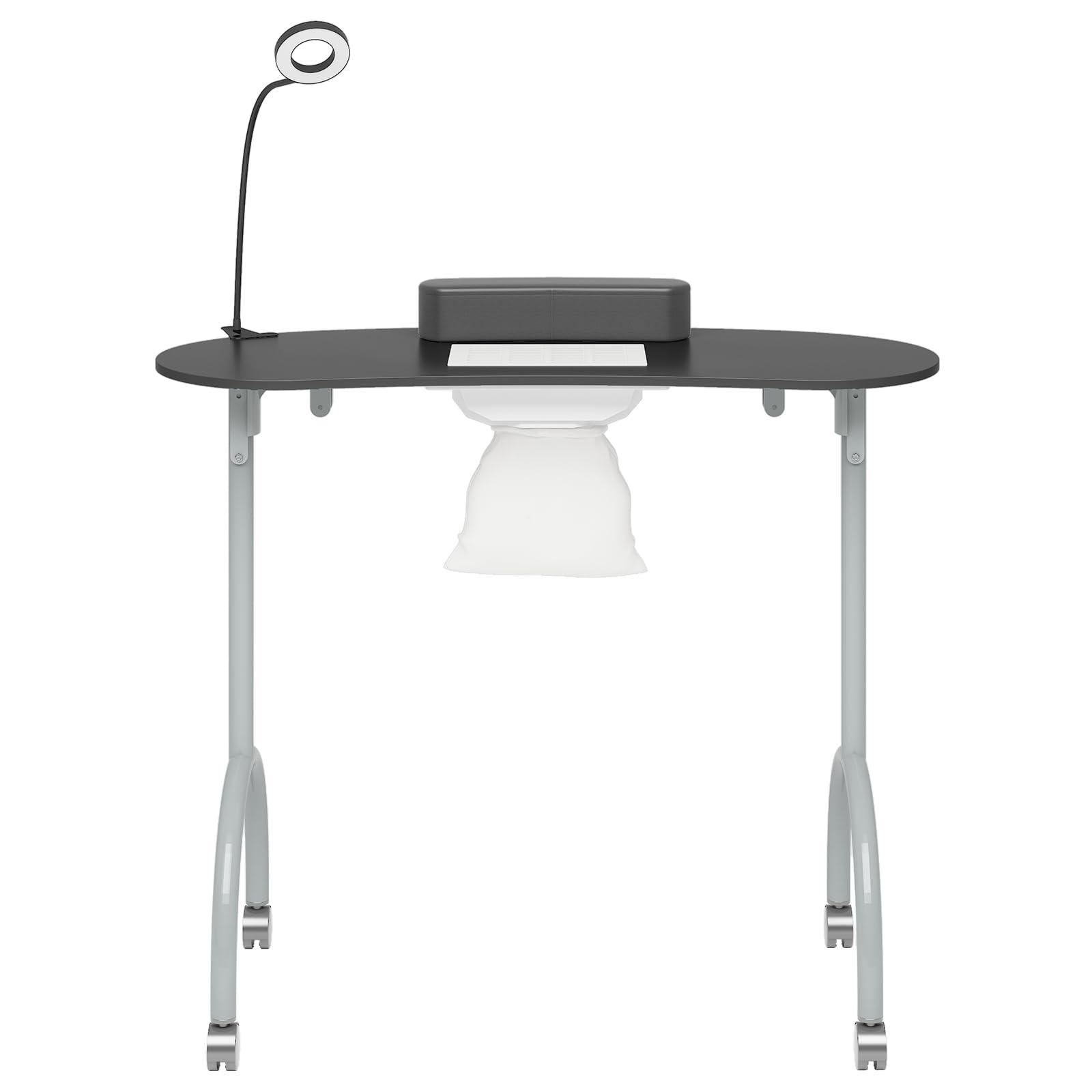 TABU TABU Portable Manicure Nail Table, Foldable Manicure Table with Dust Collector Fan, LED Lamp, 4 Lockable Wheels and Carry Bag, Professional Nail Desk with Wrist Cushion (Black)