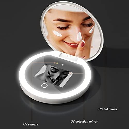 Sanpyl Travel Makeup Mirror with UV Camera for Sunscreen Test, 2X Magnification HD Screen 97mm 3.5inch, LED Light On Screen Buttons Control Brightness